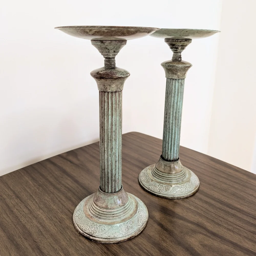 Vintage 1970s Greecian Roman Piller Style Metal Patina Tall Candle Holder Pair